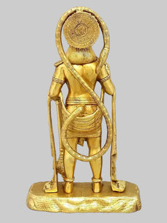 Brass Hanuman statue showing back pose, raised tail, on round platform base