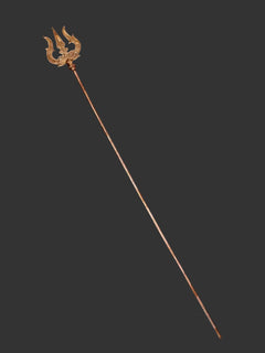 Large copper trishul with three-pronged finial on a long slender pole