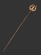 Large copper trishul with ornate three-pronged tip on extended shaft