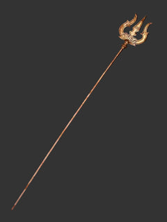 Large copper trishul with ornate three-pronged tip on extended shaft