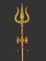 Brass Shiva trishul with damaru body and four hanging bells