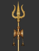 Brass Shiva trishul with damaru drum body and two side bells
