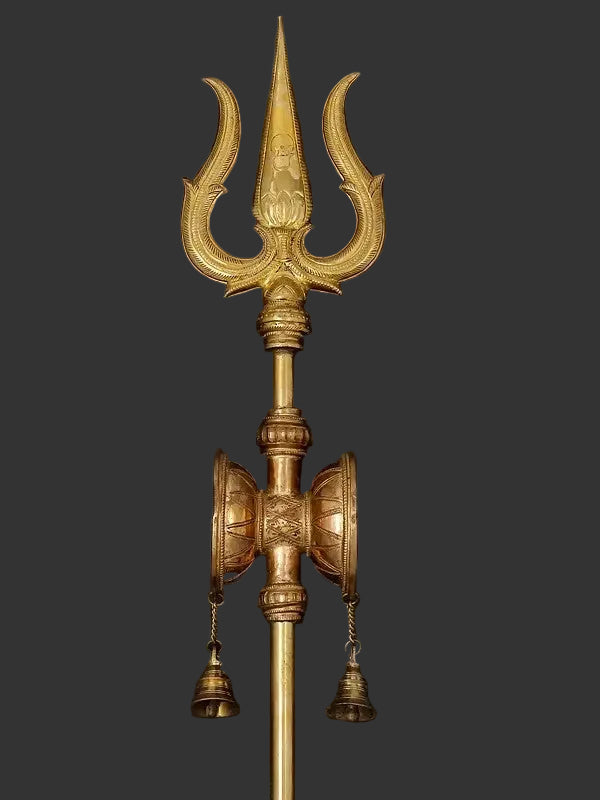 Large Size Bronze & Brass Lord Shiva's Trishul with Damaru and Bells (Height: 67 Inches)