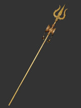 Brass Shiva trishul with upper damaru, small bells, and long staff