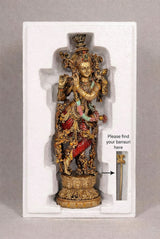 Resin Krishna flute showpiece in display box, gold crown, multicolor robe, standing on base