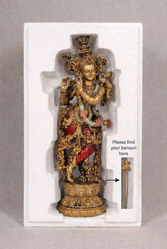 Resin Krishna flute showpiece in display box, gold crown, multicolor robe, standing on base