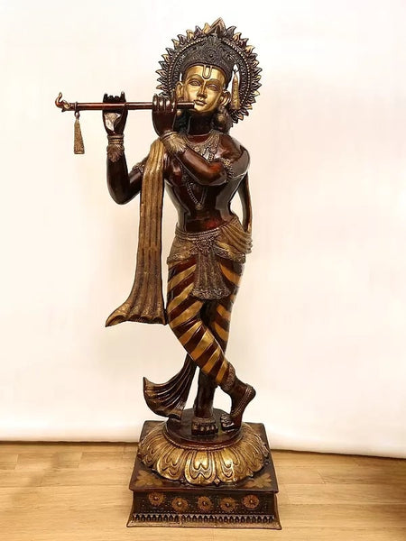 Brass Imposing Lord Murli Krishna, adorned with a long, flowing scarf Idol (Height: 79 Inches)