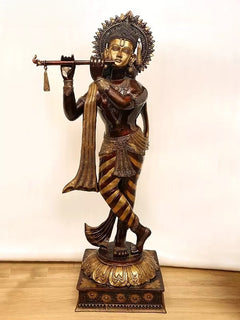 Brass Lord Murli Krishna idol, holding flute and long draped scarf, gold and dark finish