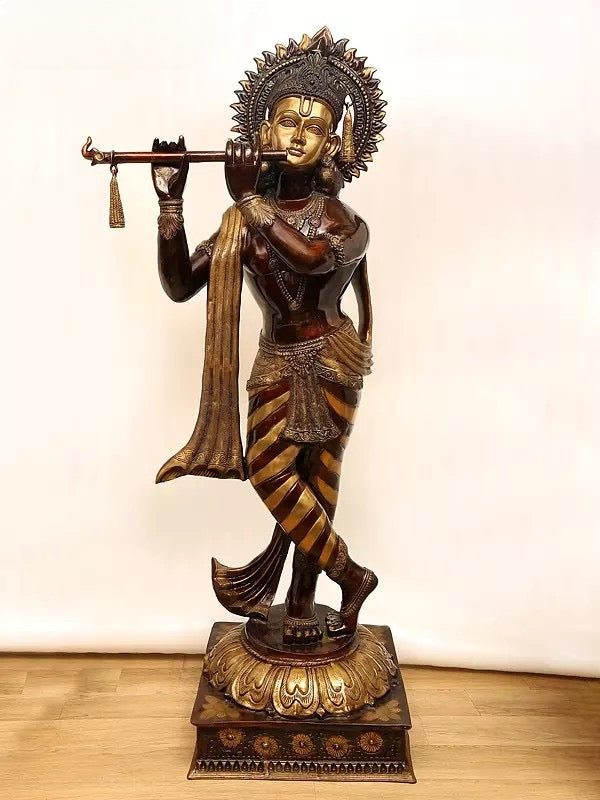 Brass Imposing Lord Murli Krishna, adorned with a long, flowing scarf Idol (Height: 79 Inches)