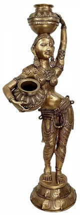 Brass lady carry statue with tall urn on head and jug in hands, detailed carved base