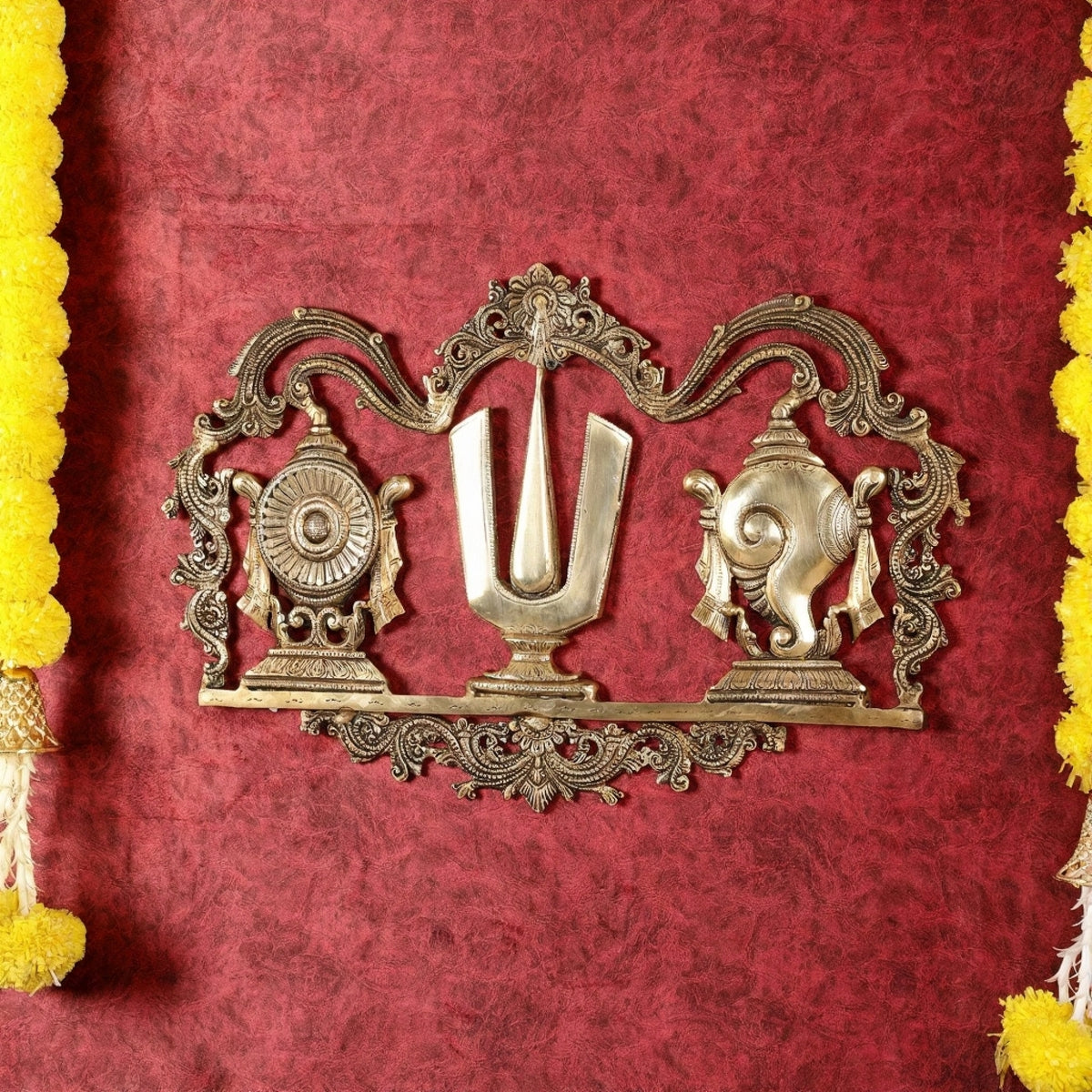 Brass Shankh Chakra Namah wall hanging with ornate arch and central U motif