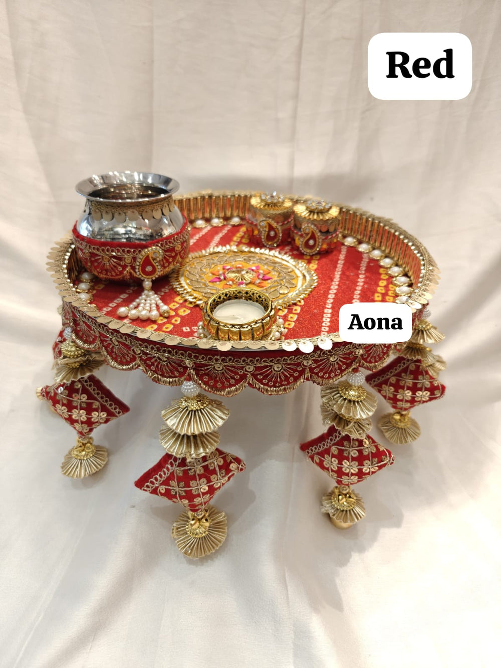 Steel Handcrafted Pooja Thali for Raksha bandhan, Karva Chauth & Bhai Dooj (Red 4)