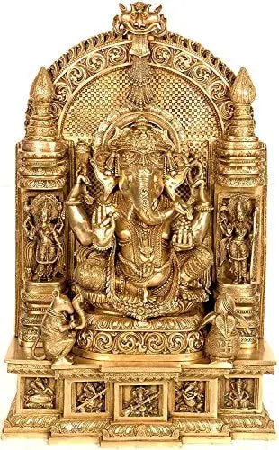 Brass Ganesha Seated in Royal Ease Posture with Lakshmi & Saraswati, Depicting Ganesha as Musician Idol (Height:36 Inches)