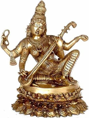 Goddess Saraswati Brass Idol – Deity of Arts | Handmade , 17 inches