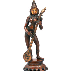 Brass Saraswati goddess statue standing with veena, detailed metalwork, 17 in