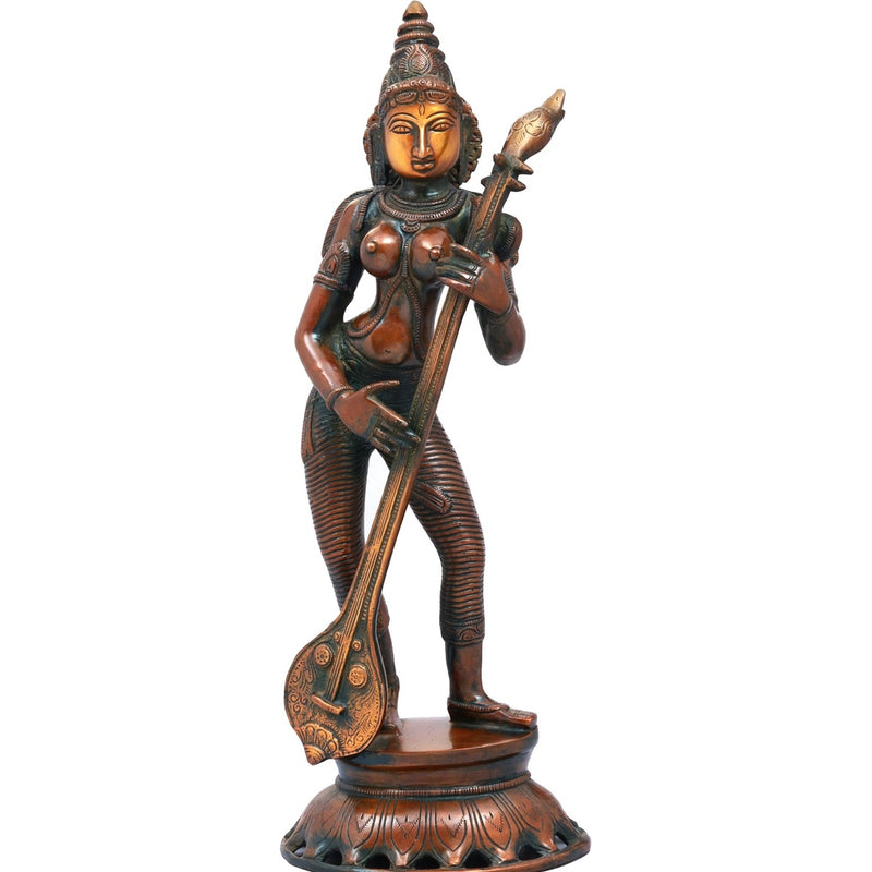 Brass Handmade Standing Goddess Saraswati Statue with Veena double chala height 17 inches
