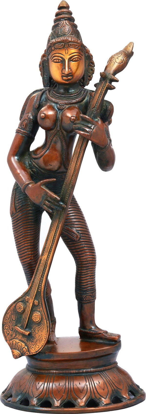 Brass Handmade Standing Goddess Saraswati Statue with Veena double chala height 17 inches