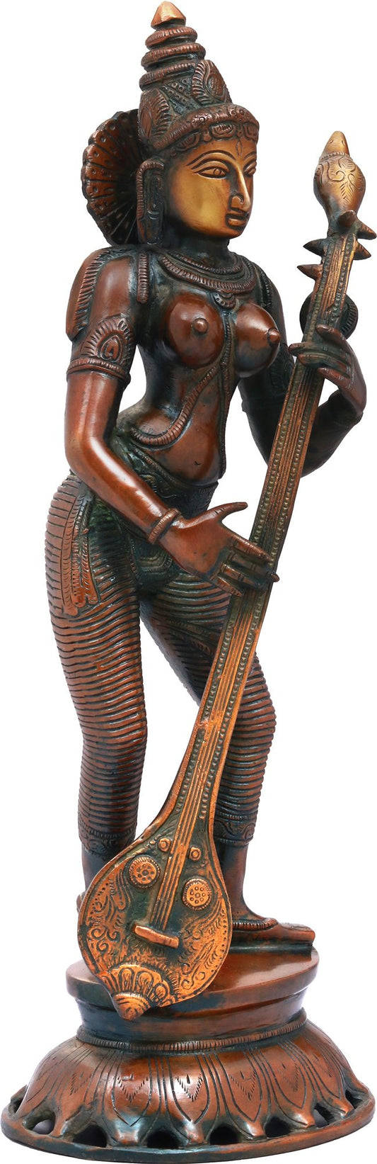 Brass Handmade Standing Goddess Saraswati Statue with Veena double chala height 17 inches