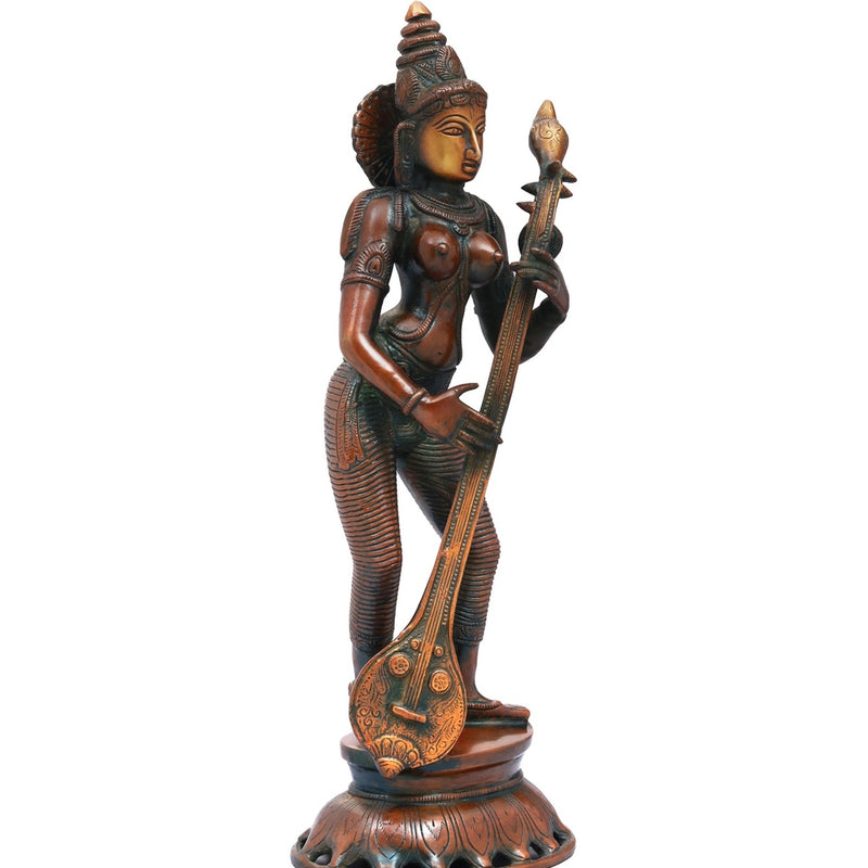 Brass Handmade Standing Goddess Saraswati Statue with Veena double chala height 17 inches