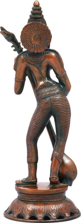 Back view brass Saraswati statue standing with veena, carved details, 17 in