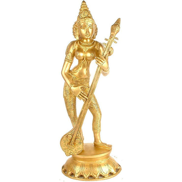 Natural Brass Handmade Standing Goddess Saraswati Statue with Veena height 17 inches Entryway Setting