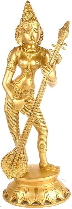 Natural Brass Handmade Standing Goddess Saraswati Statue with Veena height 17 inches