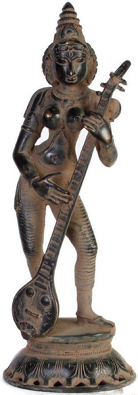 Brass Handmade Standing Goddess Saraswati Statue with Veena super antique height 17 inches