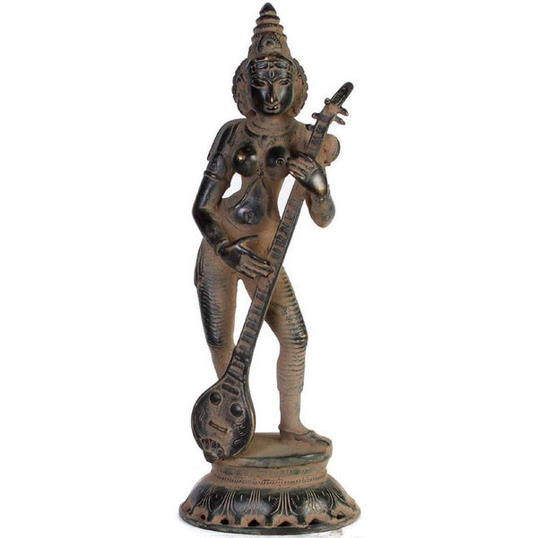 Brass Handmade Standing Goddess Saraswati Statue with Veena super antique height 17 inches