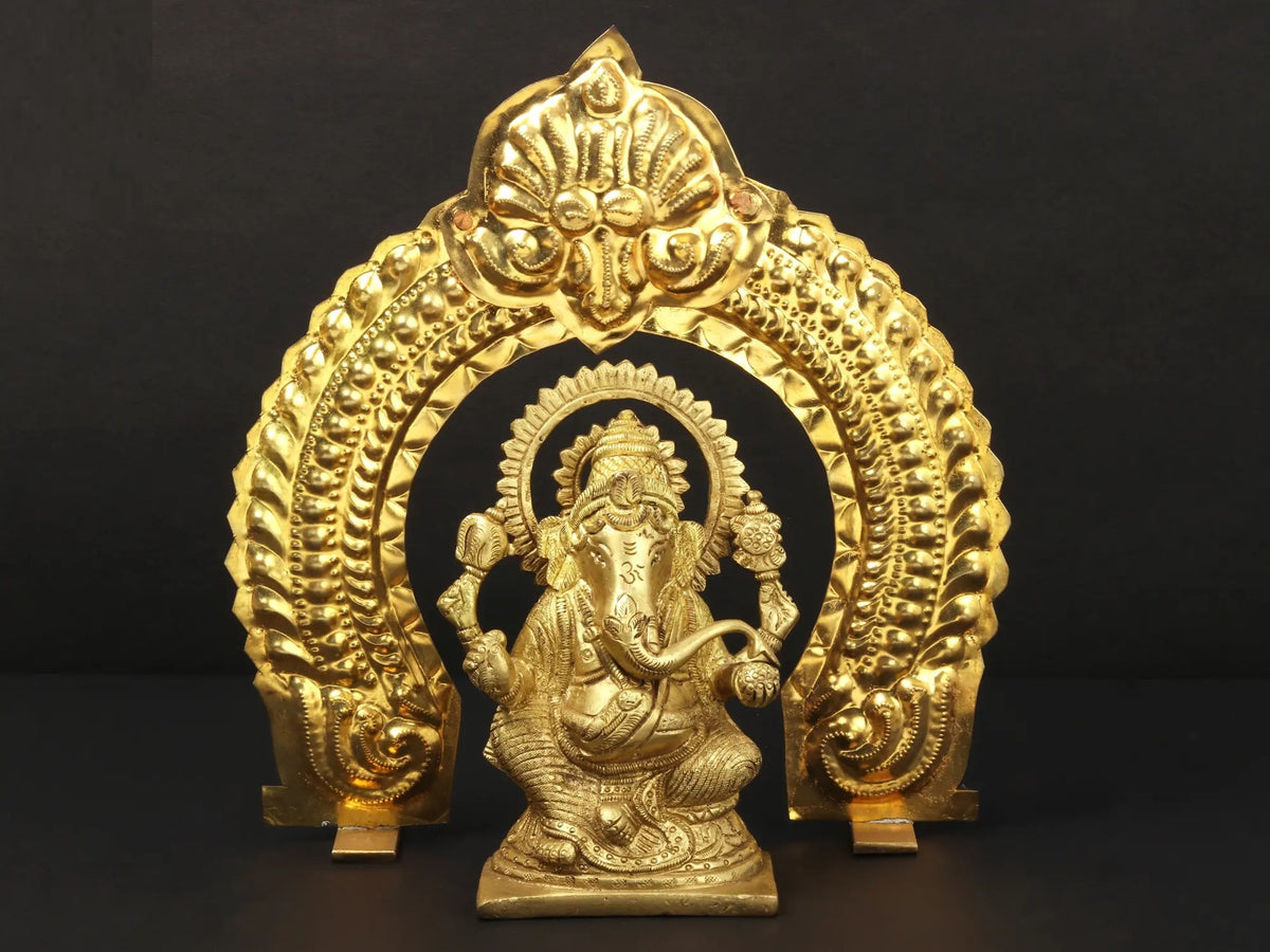 Brass Lord Ganesha statue with arch, 6 in—ornate seated figure