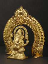 Brass Ganesha statue with arch, seated pose with detailed jewelry and halo