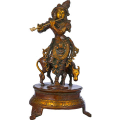 Brass Venugopala idol: flute-playing figure riding a double chala horse, 10 inches
