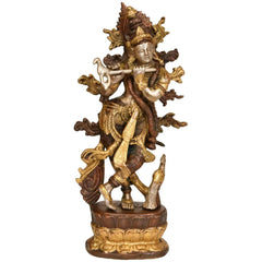 Handmade brass Krishna playing flute idol, gold accents, dark brown finish, 12 in