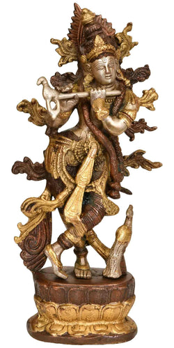 Handmade Brown silver gold Brass Sculpture ofLord Krishna Idol Playing Flute 12 inches