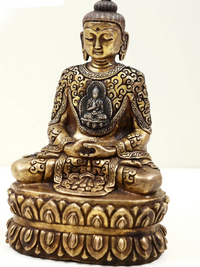 Brass small Buddha idol, seated cross-legged in dhyana mudra with detailed base
