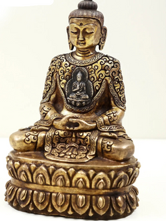 Brass small Buddha idol, seated cross-legged in dhyana mudra with detailed base