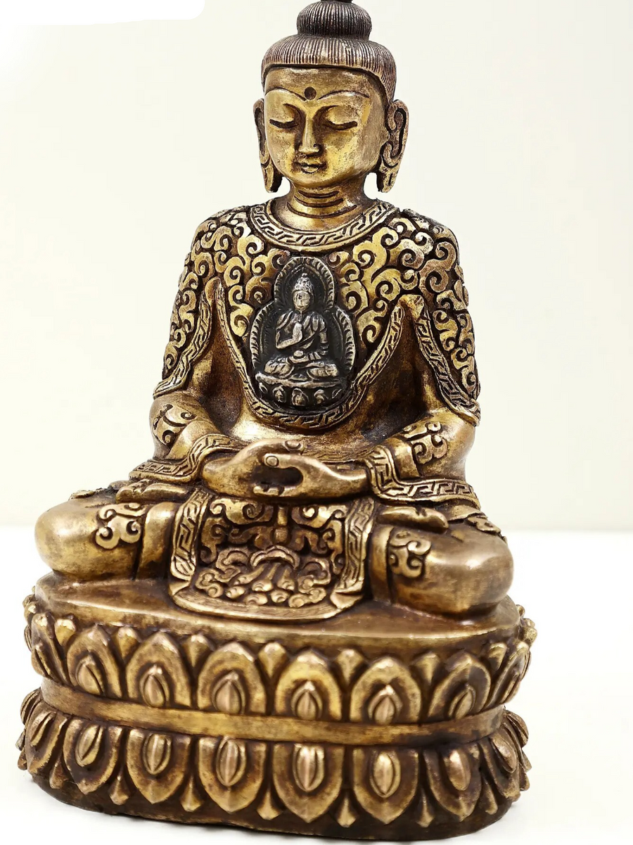 Small Brass Tibetan Buddhist Lord Buddha Idol in Dhyana Mudra 6 inches Craft Detail