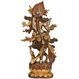Handmade brass Krishna flute idol, gold-trimmed attire, dark brown patina, 12 in