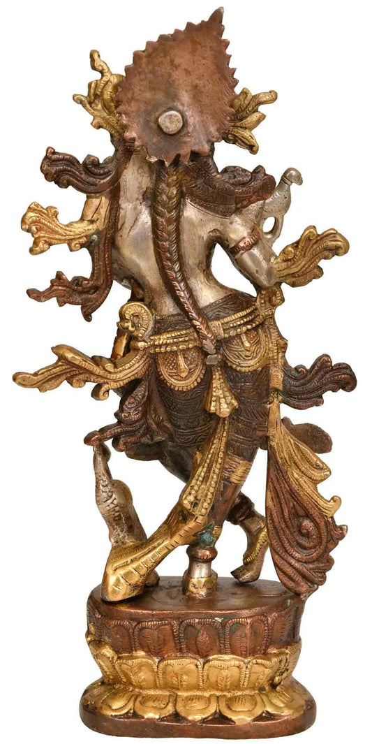 Handmade Brown silver gold Brass Sculpture ofLord Krishna Idol Playing Flute 12 inches