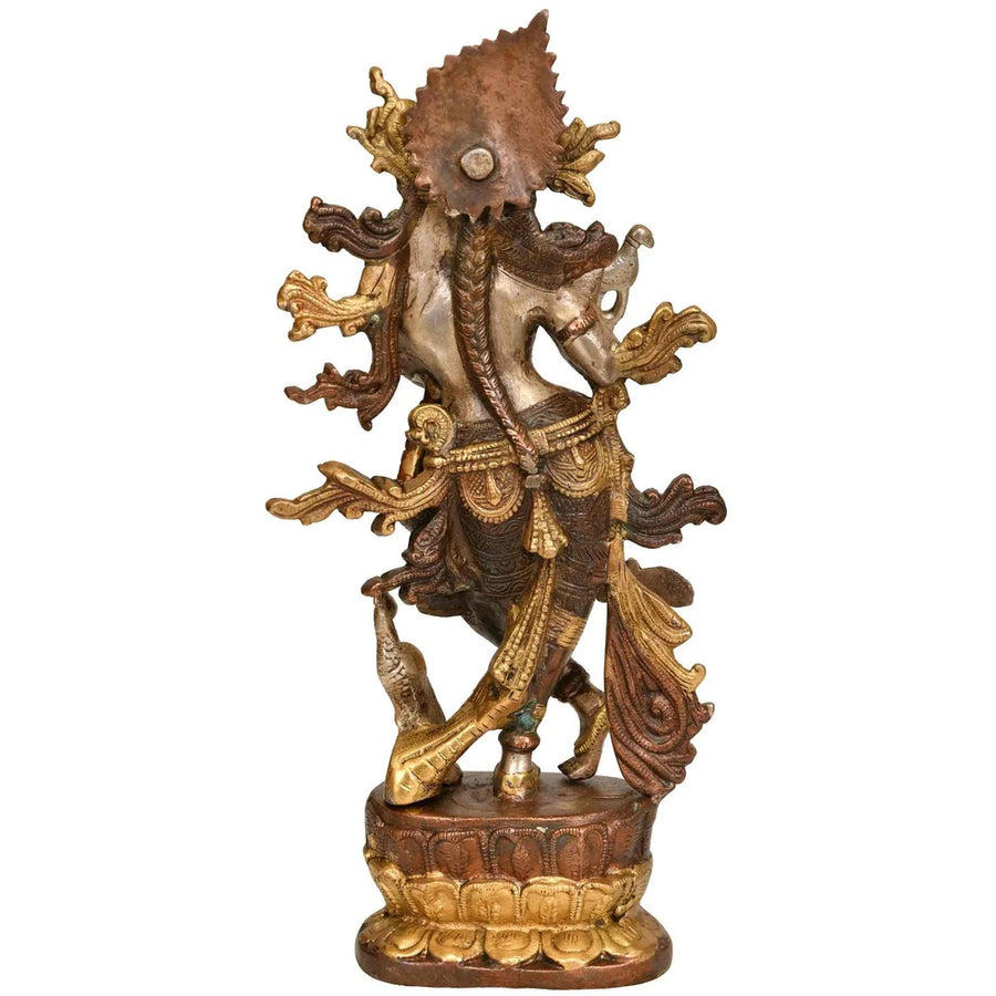 Handmade Brown silver gold Brass Sculpture ofLord Krishna Idol Playing Flute 12 inches Craft Detail