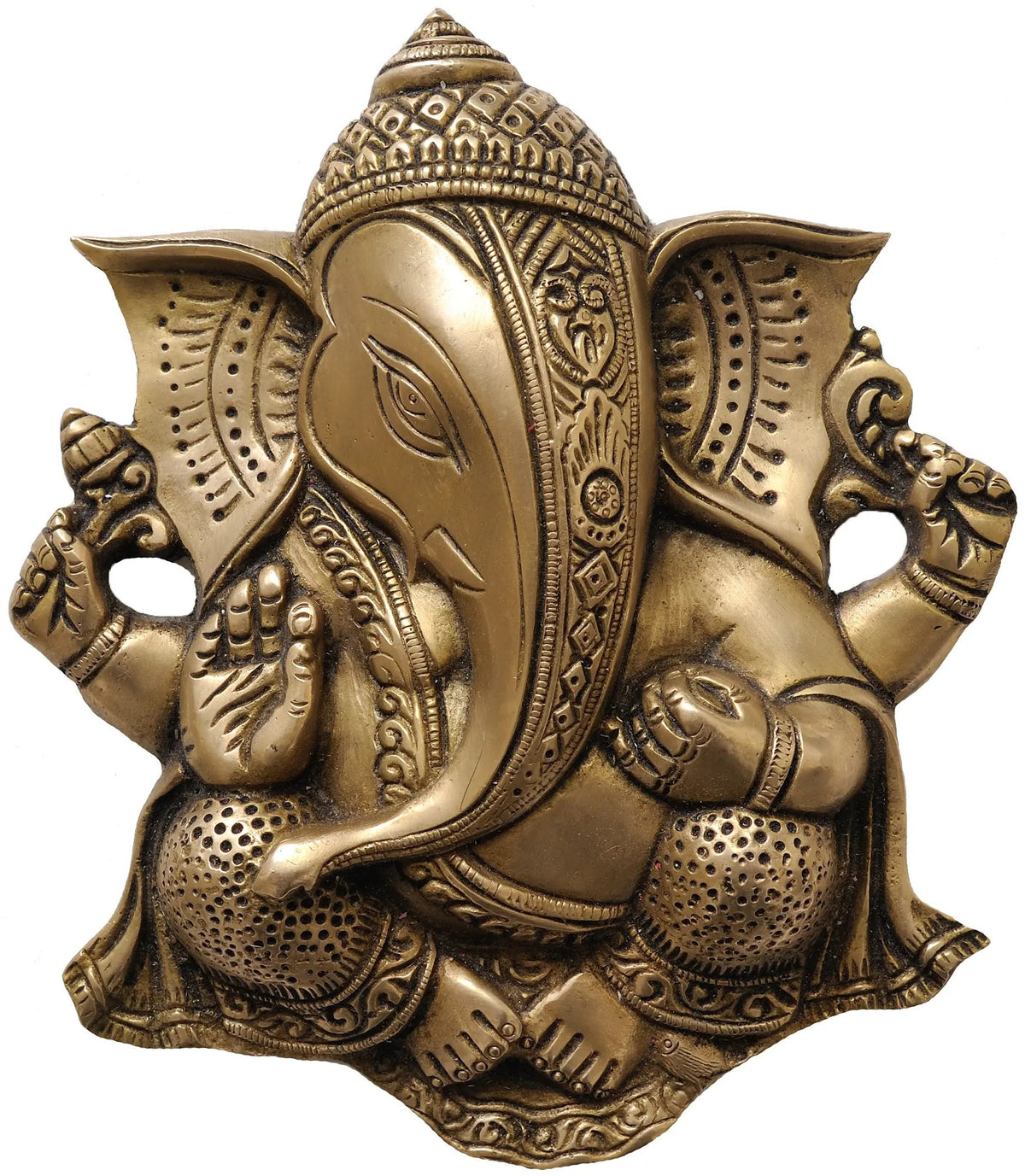 Handmade brass Ganesha wall hanging, 8 in, detailed relief figure