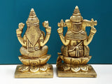 Back view: gold-tone Lakshmi and Ganesha statues on lotus pedestals, 4 inch
