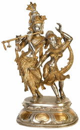 Brass dancing Radha Krishna statue, 16-inch height, ornate detailing and pedestal base