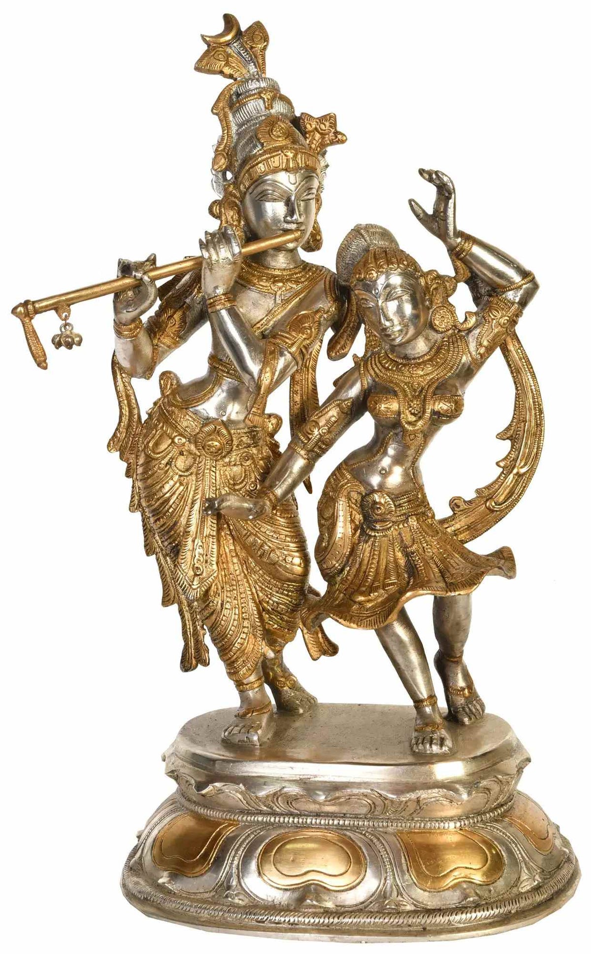 Brass dancing Radha Krishna statue, 16-inch height, ornate detailing and pedestal base