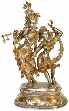 Brass dancing Radha Krishna statue, 16-inch height, ornate detailing and pedestal base