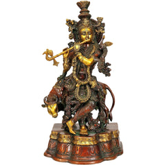 Handmade brass statue of Gopala Krishna, 22 inches, seated with flute and ornate crown