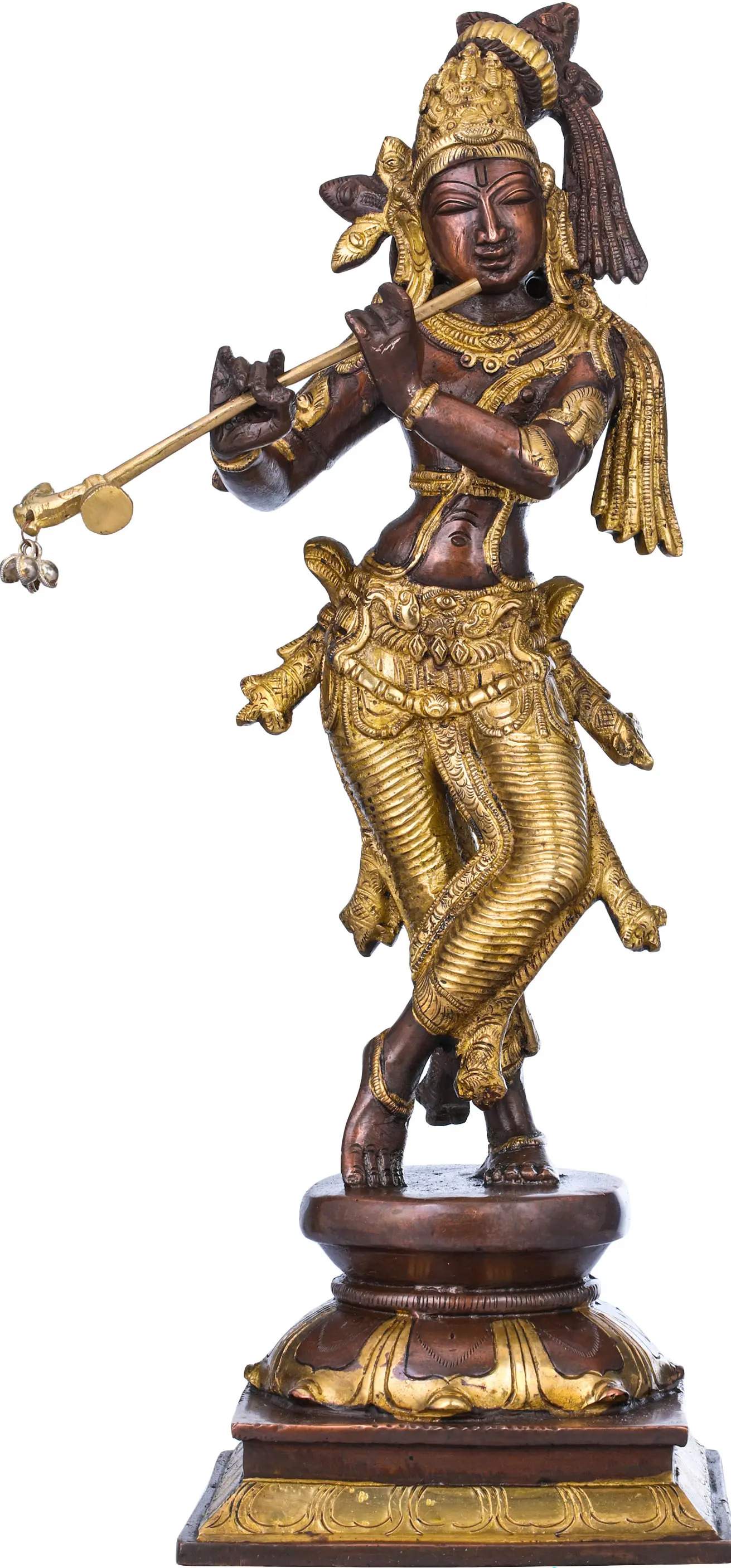 Brown Gold Brass Statue of Standing Lord Krishna Playing the Flute 14 inches