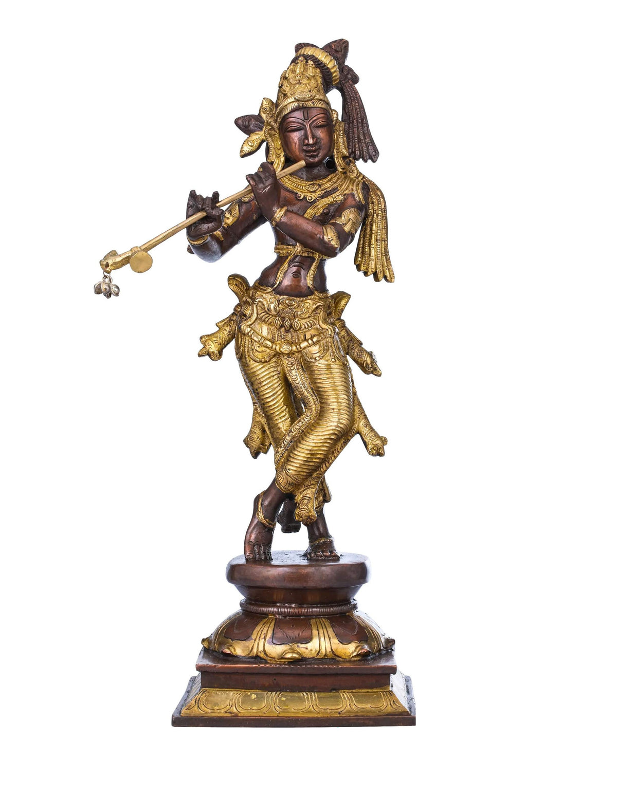 Brown gold brass statue of standing Lord Krishna playing flute, 14 in