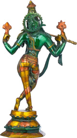 Brass Krishna statue from side view, teal outfit, crown and halo detail, multiple arms