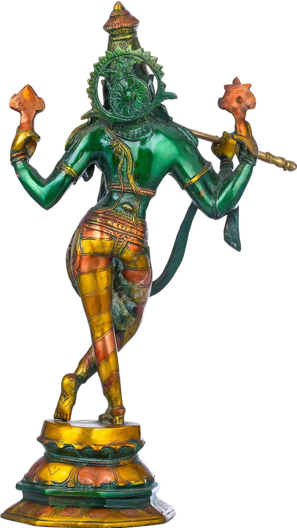 Handmade Alluring Henna touch Brass Statue of Lord Krishna in His Cosmic Form 18 inches Study Setting