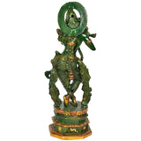 Handmade brass Lord Krishna statue with long choti, side view, 17 inches